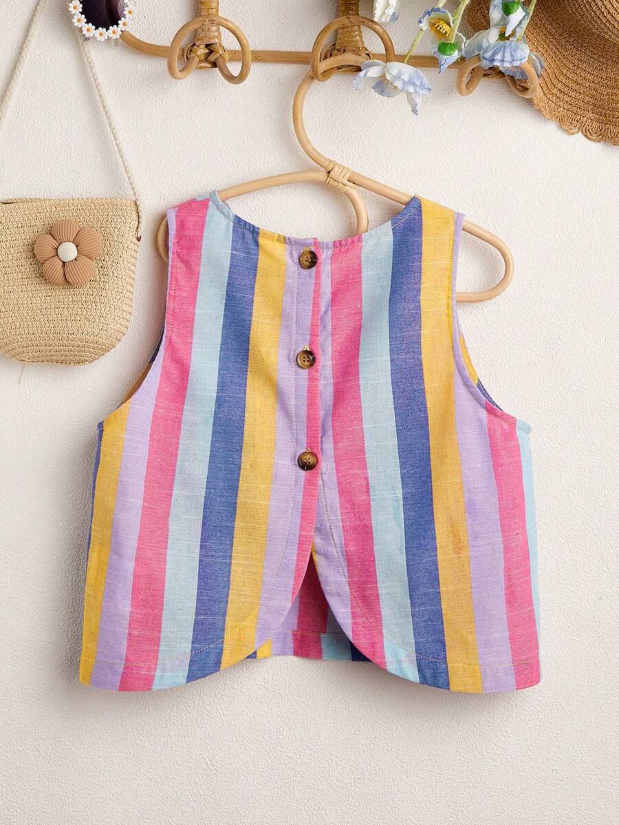 SHEIN Teenage女孩條紋袖less短上衣，背部有縫隙，適用於夏季假期