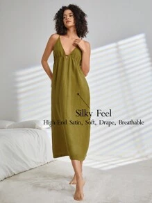 Ocili Leisure Silky Soft Deep V-Neck Camisole Home Wear Dress-Green Holiday Season