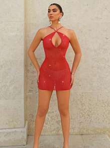 SHEIN BAE Vestido mini rojo con lentejuelas y croché con tiras y Vestido rojo y Vestidos de mujer para el verano y Vestido de verano y Hawaiano y Vestido de cuello halter y Ropa de verano y Conjuntos para festivales y Conjuntos de ropa de playa para mujer - Rojo - Ver 4