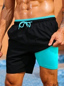 Surfspeed Men 2 In 1 Drawstring Waist Swim Shorts Milk Silk Lining - Black - View 4