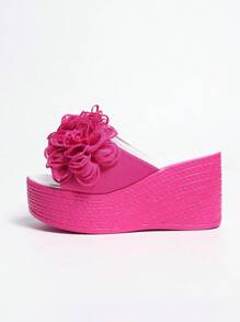 Women's Summer Floral Print Platform Wedge Sandals With Bright Colors,Travel Essential - Hot Pink - View 4
