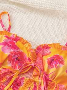 Soleia Wywh Women's Vacation Romantic Countryside Style 3 Tiered Ruffle Trimmed Sundress With Orange-Red Floral Watercolor Print And Cupped Design,Summer Dresses For Women