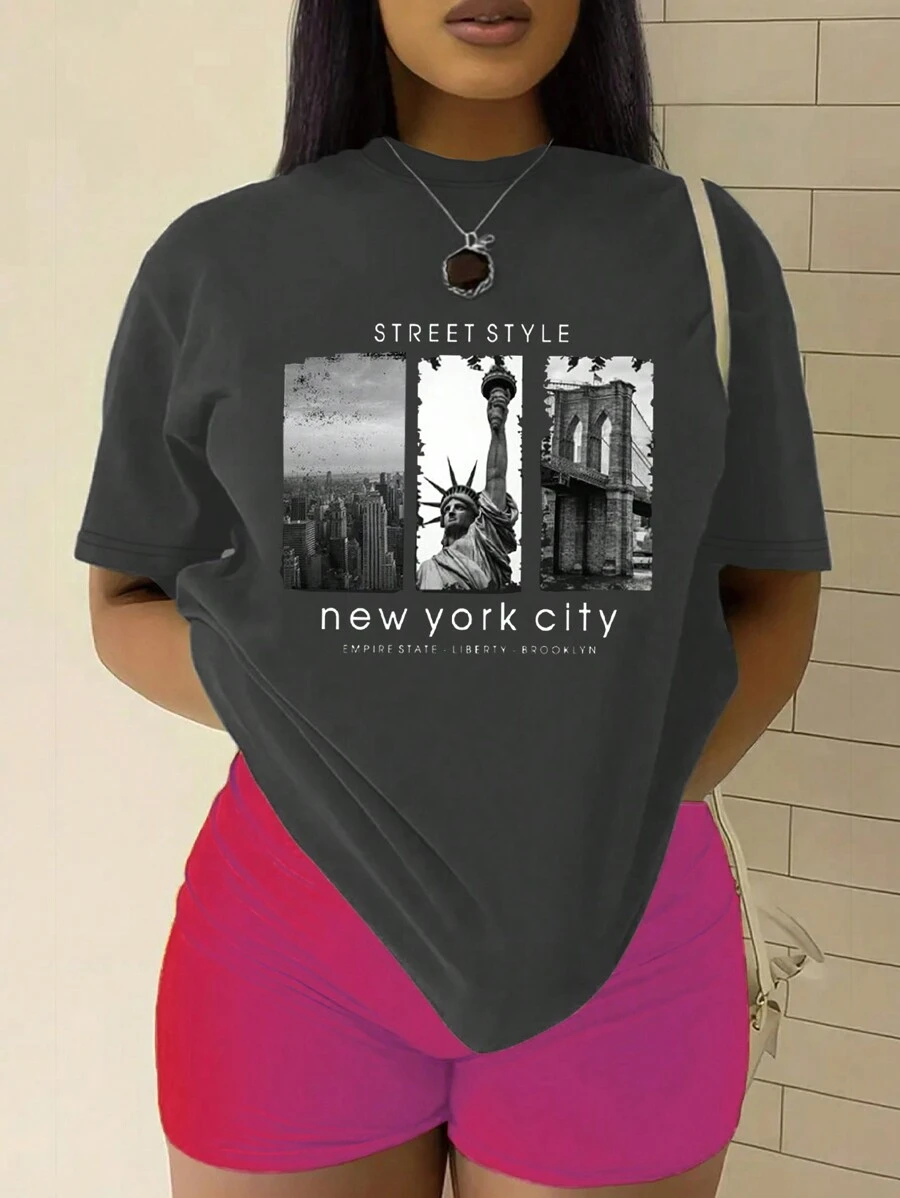 SHEIN 女士简约印花圆领短袖 T 恤，适合日常穿着街头风格纽约帝国州自由布鲁克林图案 T 恤女式上衣 - 深灰色 - 查看 1