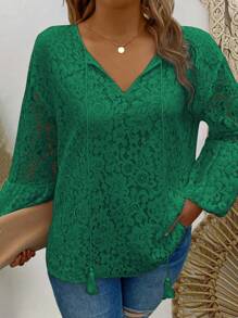 EMERY ROSE Plus Size Women's Lace Lantern Sleeve Casual Loose Blouse For Spring/Summer