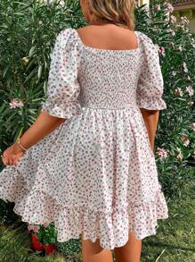 Flirla Plus-Size Bubble-Sleeve Dress With Floral Print And Ruffled Hem For Vacation - White - View 2