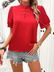 SHEIN LUNE Camisa De Manga Corta Con Cuello Alto, De Color Sólido Y Botones Frontales Para Verano - Rojo - Ver 6
