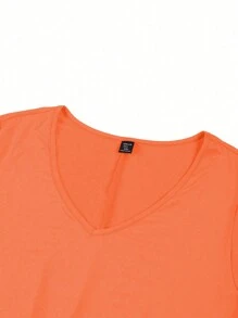 Calvaya Vestido Casual De Manga Corta De Talla Grande De Color Sólido Minimalista Con Diseño De Bolsillo Para Primavera Y Verano - Naranja - Ver 5