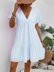 EMERY ROSE Women V-Neck Plaid Vacation Style Short Sleeve Dress