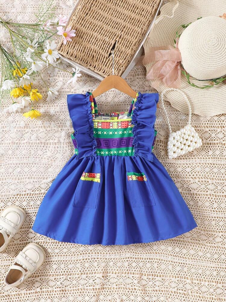 Random Printed Ruffle Trim Dress For Baby Girls