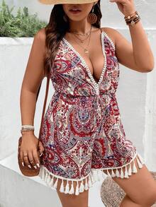 SHEIN Holidaya 大尺碼女士印花拼接流蘇邊肩帶連身短褲 - 彩色 - 查看 4