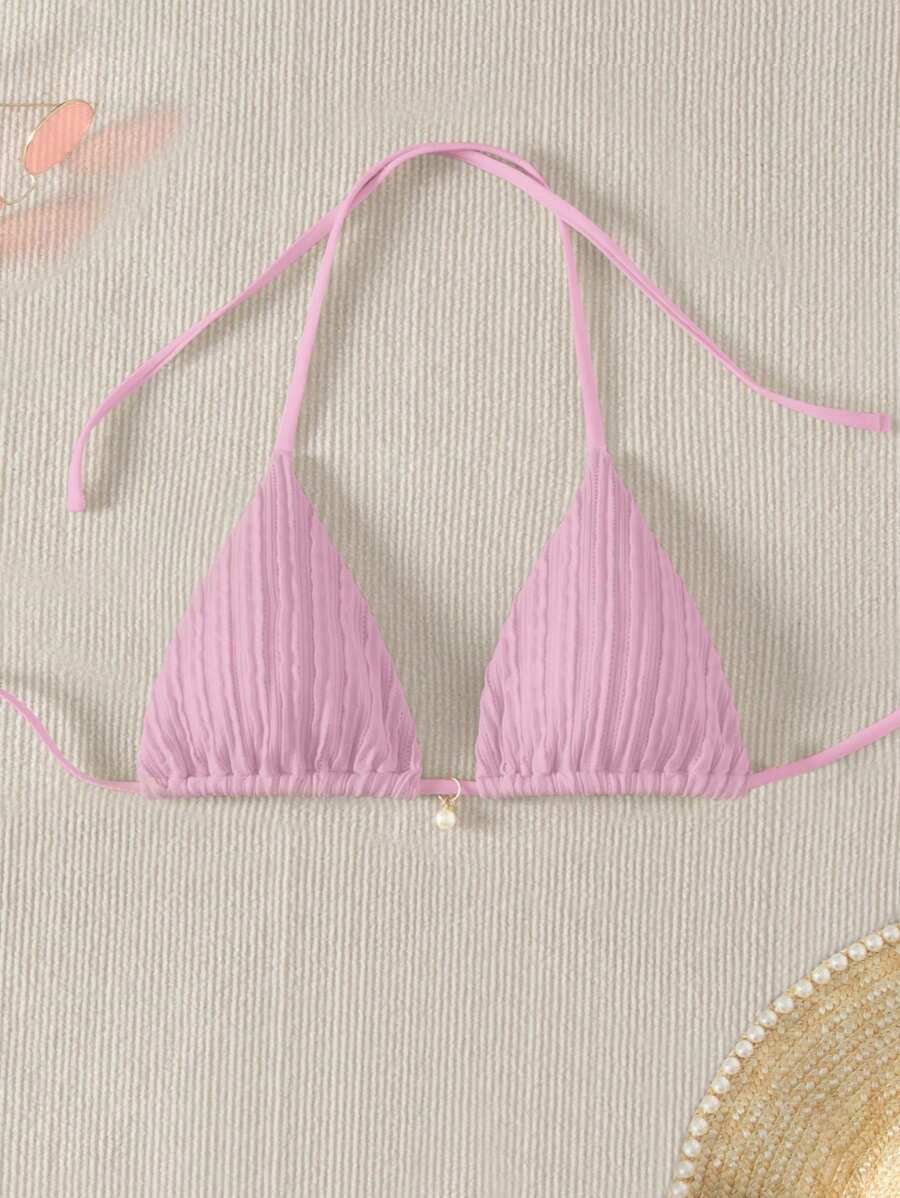 SHEIN Swim Summer Beach Solid Color Halterneck Tie Back Bikini Top - Pink - View 1