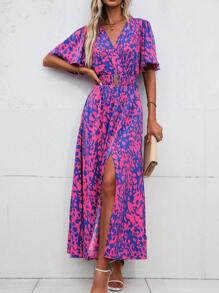 SHEIN Clasi Robe longue fendue jusqu'à la cuisse à encolure en V imprimée intégralement pour femmes