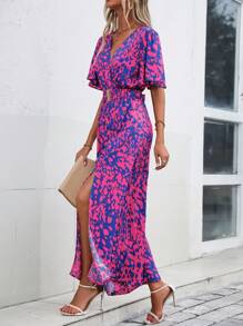 SHEIN Clasi Robe longue fendue jusqu'à la cuisse à encolure en V imprimée intégralement pour femmes