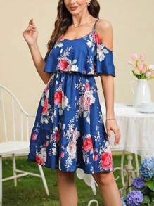 SHEIN Clasi Vestido de chifón floral con hombros descubiertos - Azul - Ver 5