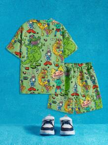 Nick 90s | SHEIN Conjunto de 2 piezas de camisa abotonada informal y pantalones cortos con diseño de dinosaurio monstruo divertido en verde para niño preadolescente - Verde - Ver 2