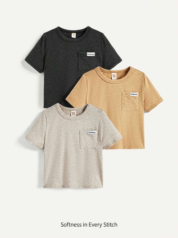 3pcs Baby Boy Decorative Patch Crewneck Short Sleeve Pullover Set