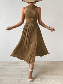 Chiquease A-Line Halter Neck Cross Straps Bandage Lace Up Cut Out Side Slit Pleated Sexy Dress For Summer