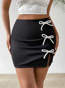 Chiquease Summer Color Block Bow Decorated Slit Design Slim Fit Mini Skirt - Black - View 4