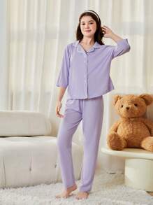 Teen Girl Spring/Summer New Simple Casual Contrast Trim Short Sleeve Shirt And Pants Pajama Set