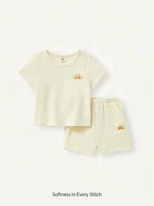 Cozy Pixies Baby Boy's Sun Embroidery Short Sleeve T-Shirt And Casual Shorts 2pcs Outfits Matching Set - Apricot - View 1