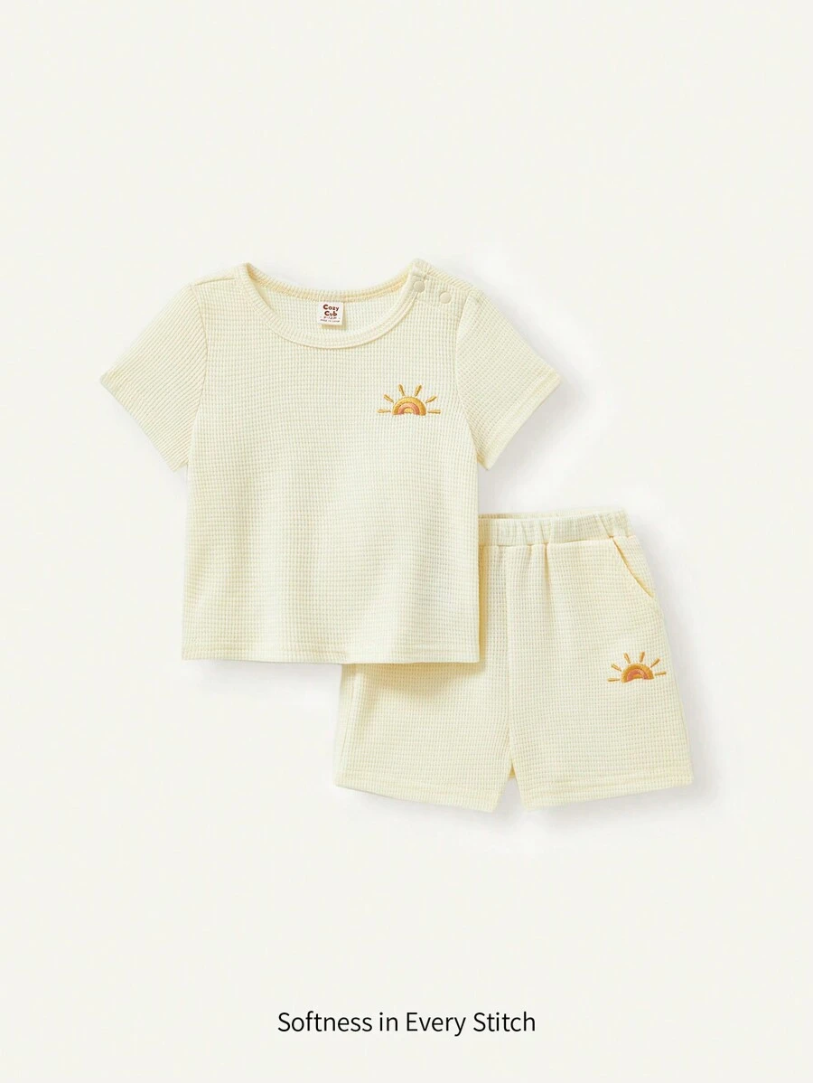 Cozy Pixies Baby Boy's Sun Embroidery Short Sleeve T-Shirt And Casual Shorts 2pcs Outfits Matching Set - Apricot - View 1