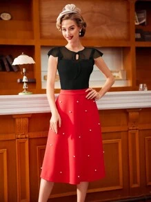 Vintamour Mesh Panel Ruffle Sleeve Round Neck Tee With Tie Summer Clothes Old Money Aesthetic Women Tops Teacher Tops Crew Neck Valentine Day Summer Bow Crop Tops Going Out Tops Women Birthday Outfits For Women Business Casual Woman Valentine's Day Cute Tops Lace Top Tops Valentine Day Summer Outfits For Women