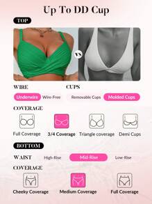 SHEIN Swim Của phụ nữ Màu thuần Textured Bộ Bikini - màu xanh lá - Xem 5