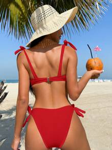 SHEIN Swim Conjunto de bikini unicolor para mujer con nudos simples en los hombros para la playa de verano - Rojo - Ver 2