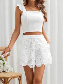 SHEIN Frenchy Women's Lace Shorts  With Pockets  Fashionable White High Waisted Lace Shorts Wedding Women Shorts Summer Pants Summer Bottomshigh Waisted Shorts Women Slacks - White - View 3