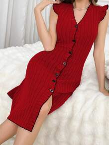 Ladies' V-Neck Button Front Color Block House Dress - Red - View 3