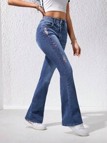 Women's Wide Leg Jeans With Feather Pattern And Pockets