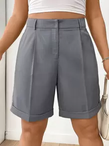 Flirla Kích thước lớn Của phụ nữ Mùa hè Màu thuần Xếp li Giải trí Quần short - Xám - Xem 1