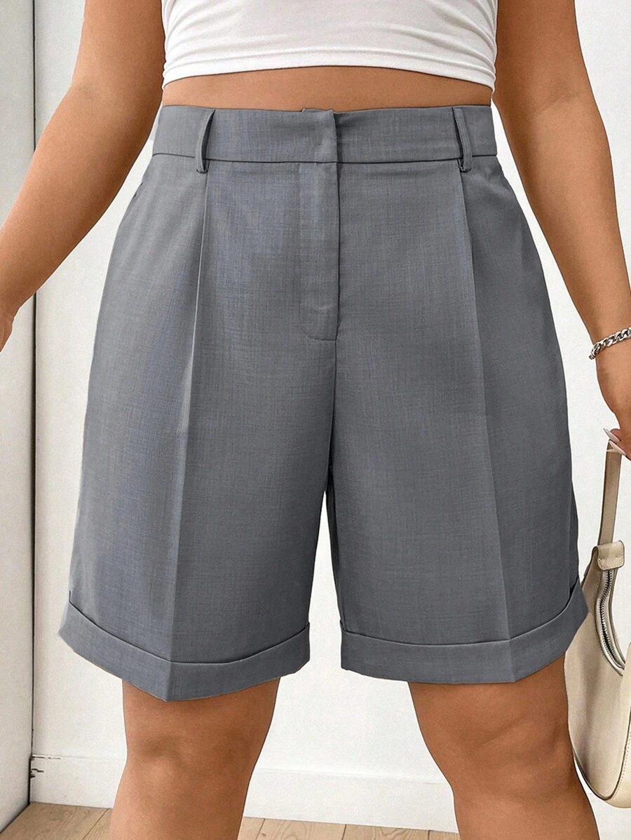 Flirla Kích thước lớn Của phụ nữ Mùa hè Màu thuần Xếp li Giải trí Quần short - Xám - Xem 1