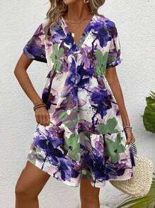 SHEIN LUNE Summer Floral Print Short Sleeve Vacation Dress - Multicolor - View 3