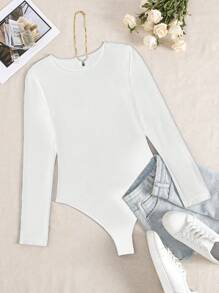 INAWLY Women's Solid Color Tight Long Sleeve Bodysuit Fall Cloth For Women - White - View 3