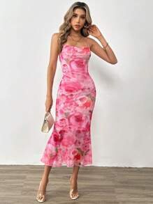 SHEIN Tall Mùa Xuân In hoa Hai Dây Dài Mùa hè Váy bodycon - Màu Hồng Tươi - Xem 6