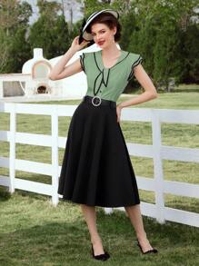 Vintamour 复古优雅春夏撞色水手领打结荷叶边袖衬衫，夏季外出上衣，绿色女式衬衫，绿色上衣，绿色衬衫，外出上衣，春夏绿色衬衫 - 綠色 - 查看 5