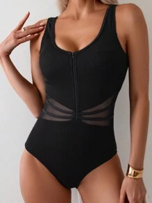 SHEIN Swim Women's Fashionable Mesh Splice One Piece Swimsuit For Spring/Summer