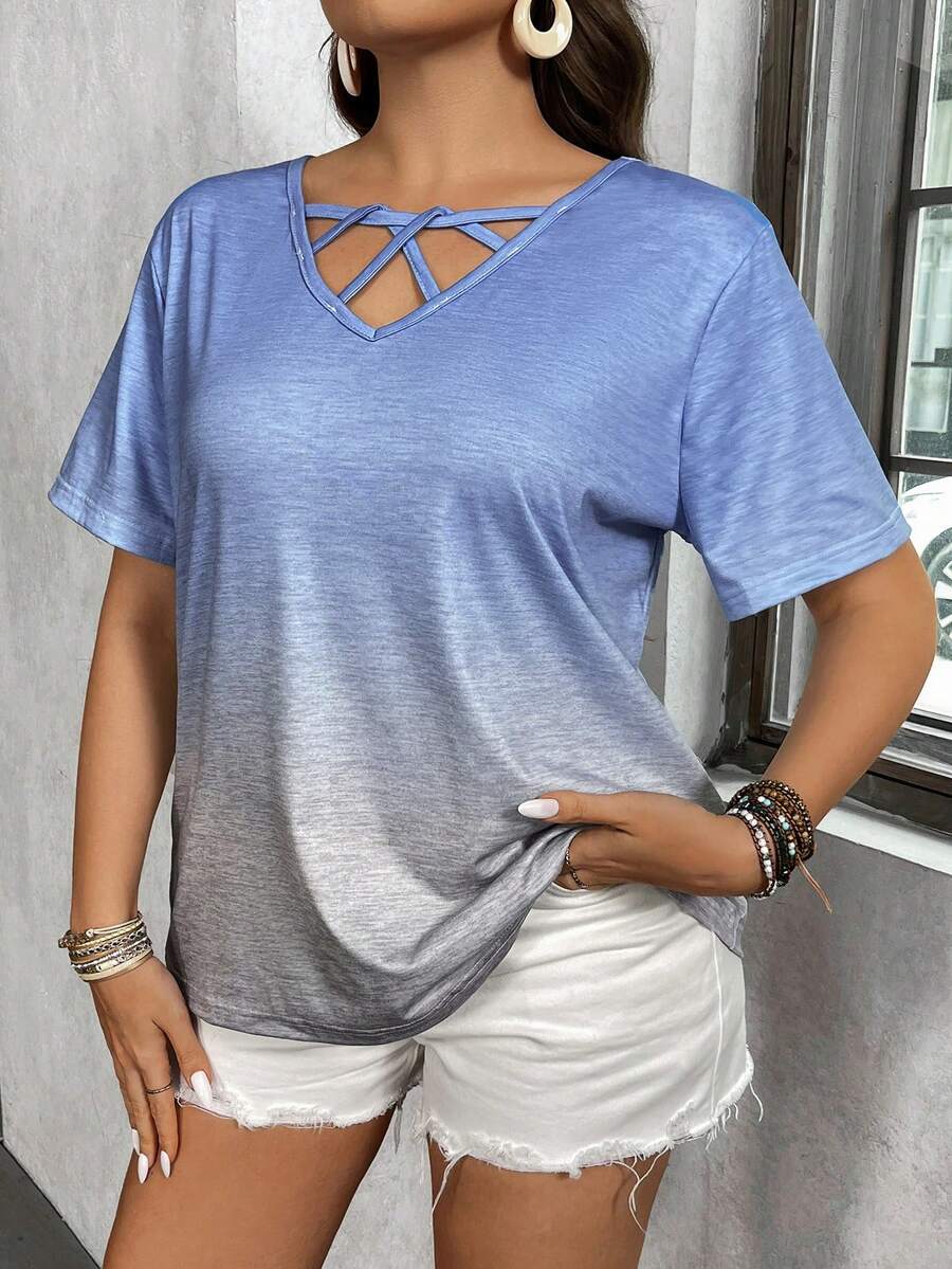 SHEIN LUNE 夏季霧藍漸變灰加大碼休閒t卹帶領帶領結 - 藍色 - 查看 1