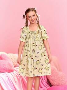 HELLO KITTY AND FRIENDS | SHEIN Tween Girl's Cute Square Neck Cartoon Printed Nightgown With Knot And Ruffle Trim