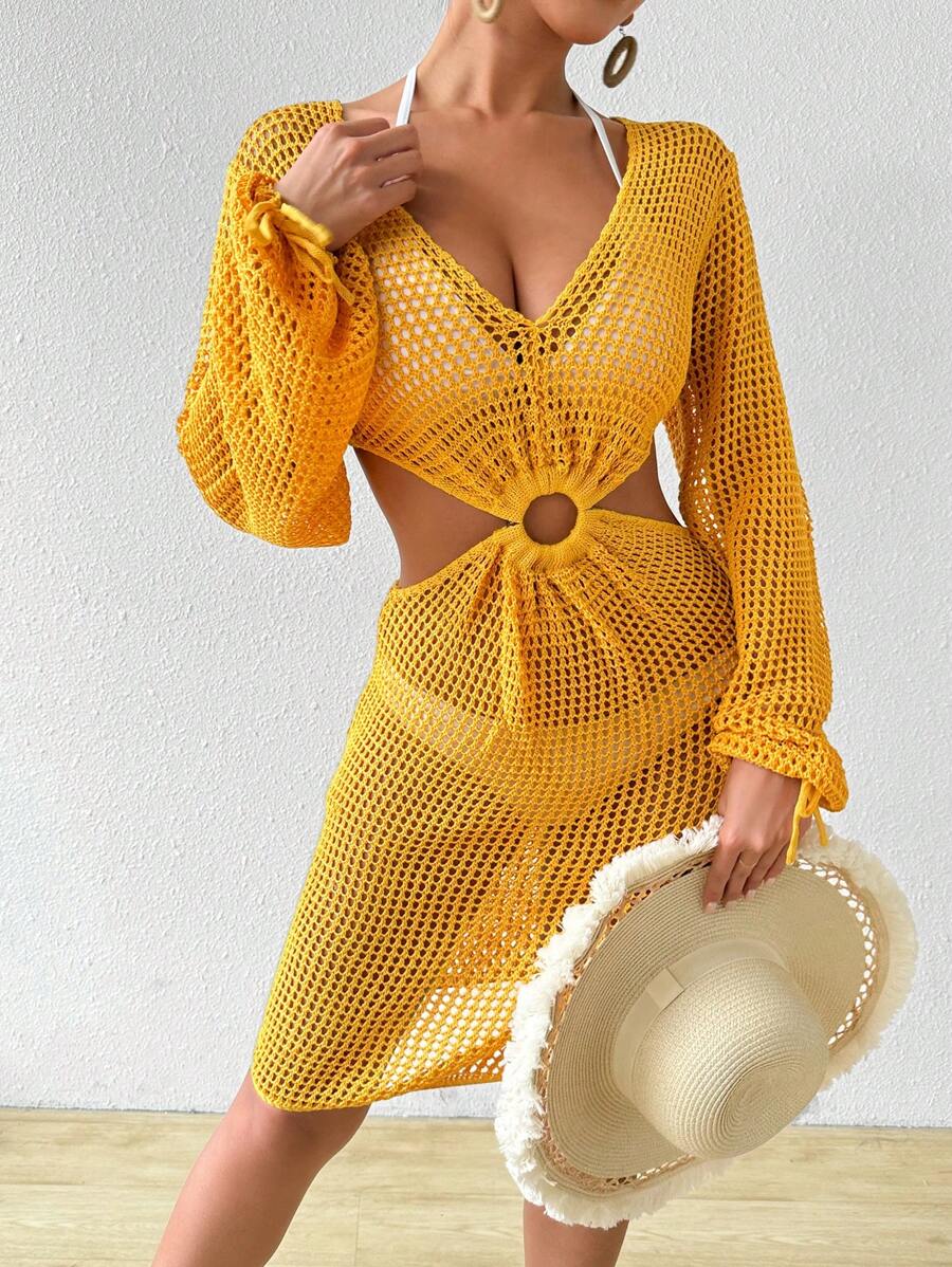 SHEIN Swim Vacation Solid Color Hollow Out Knit Cover Up Summer