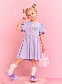 HELLO KITTY AND FRIENDS | SHEIN Young Girl's Casual Cute Heart & Cartoon Character Print Puff Sleeve A-Line Dress,Kids Party Dress,Little Twin Stars - Purple - View 5