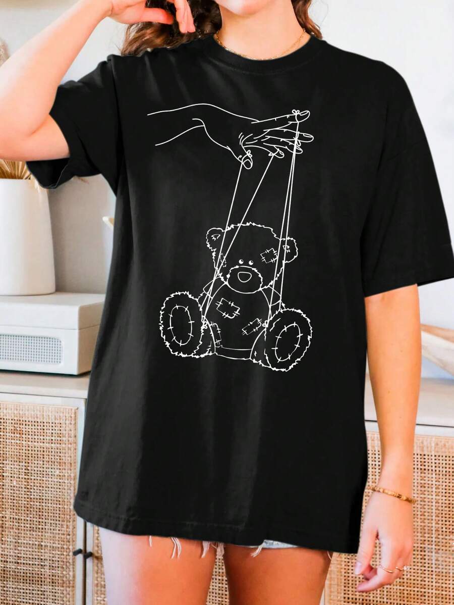 SHEIN EZwear 夏季休闲宽松短袖 T 恤搭配熊印花图案 T 恤女式上衣