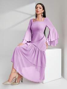 Modelyn Vestido de noche de unicolor con mangas acampanadas, volantes y bajo asimétrico para mujeres