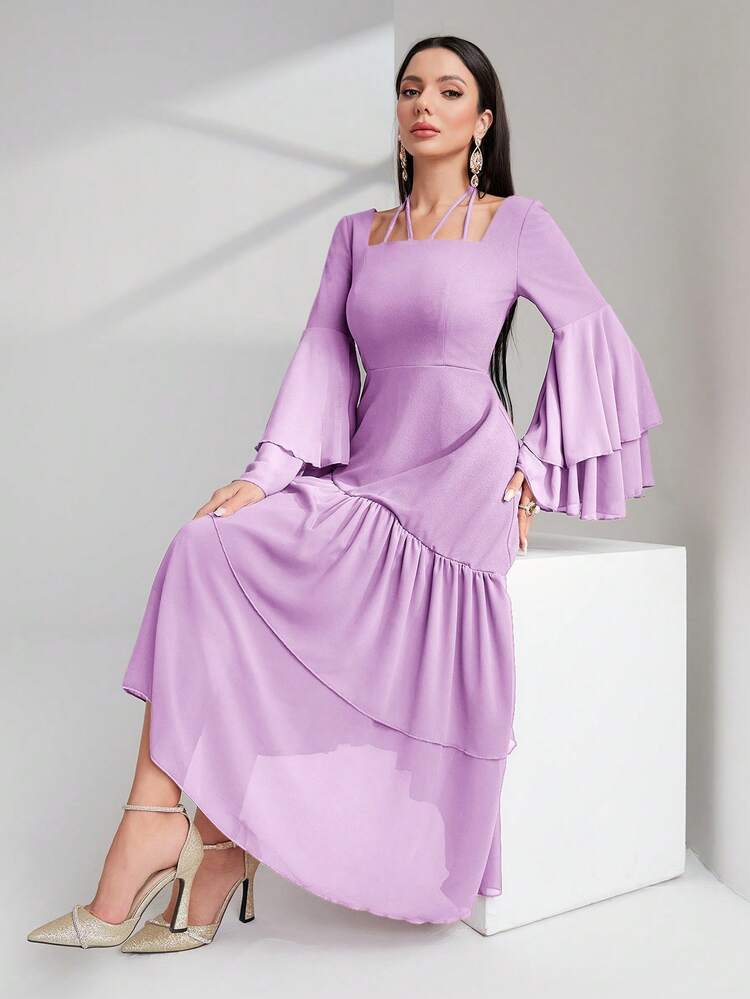 Ladies' Solid Color Flare Sleeve Ruffled Asymmetric Hem Dress Long Evening Dresses