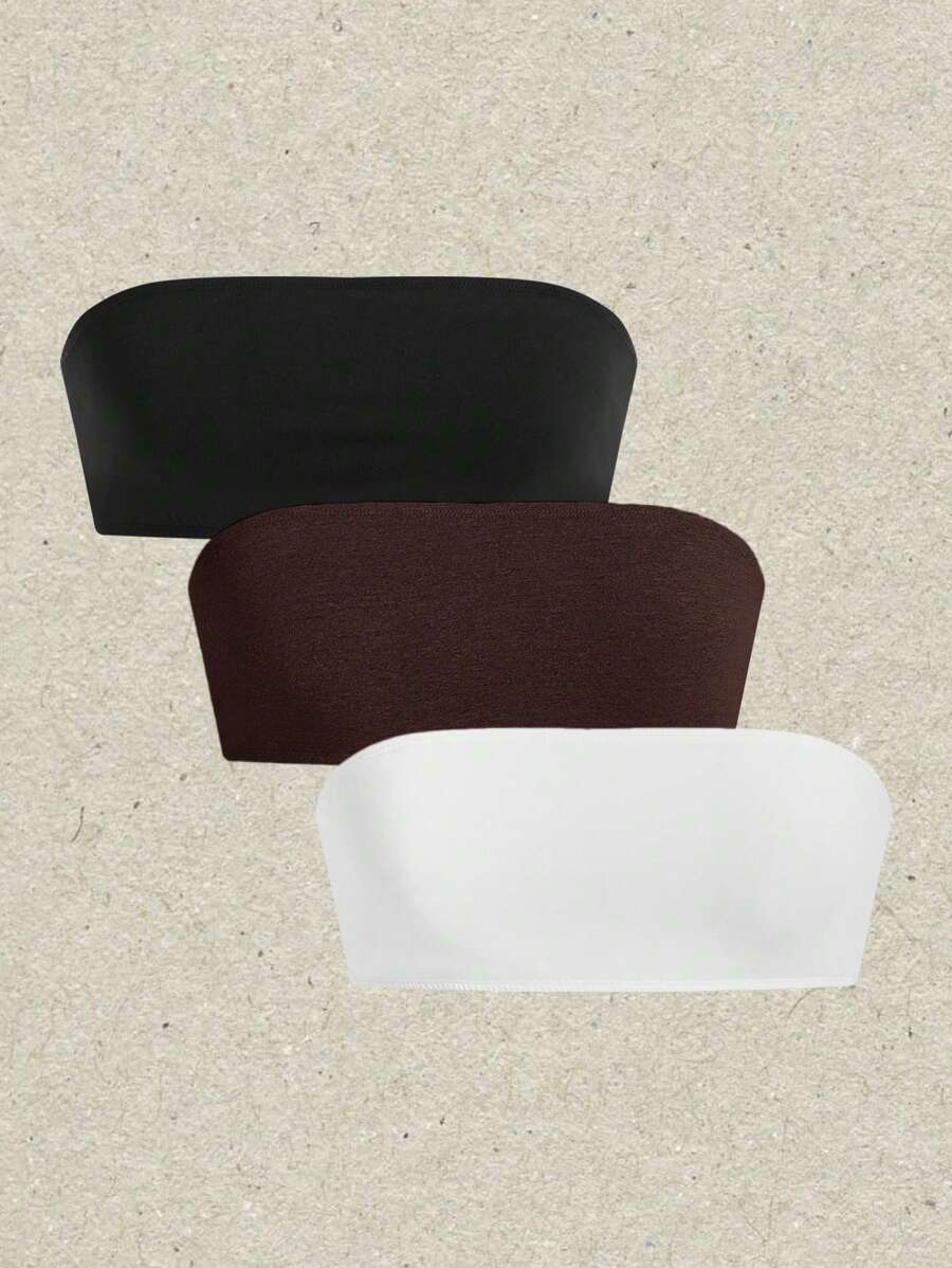 SHEIN EZwear 3pcs Solid Color Ultra Short High Stretch Tube Top - Brown - View 1