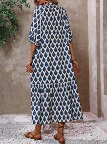 Breezaya 女士度假風格全印花長裙,前扣式開衩設計 - 藍色 - 查看 2