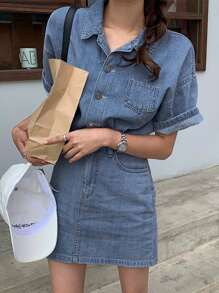 DAZY Summer Casual Button Open Drop Shoulder Denim Top And Denim Skirt - Blue - View 1