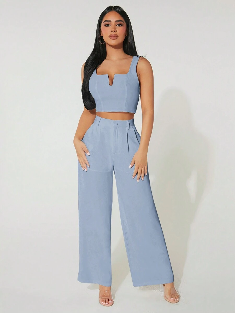 SHEIN PETITE Mùa hè giản dị Đi làm Ngắn Áo ba lỗ Và Rộng chân Quần Với Xếp - Màu xanh nhạt - Xem 1