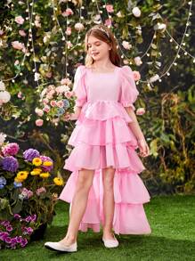 SHEIN Tween Girl's Square Neck Puff Sleeve Asymmetrical Ruffled Trim Tulle Dress - Pink - View 5